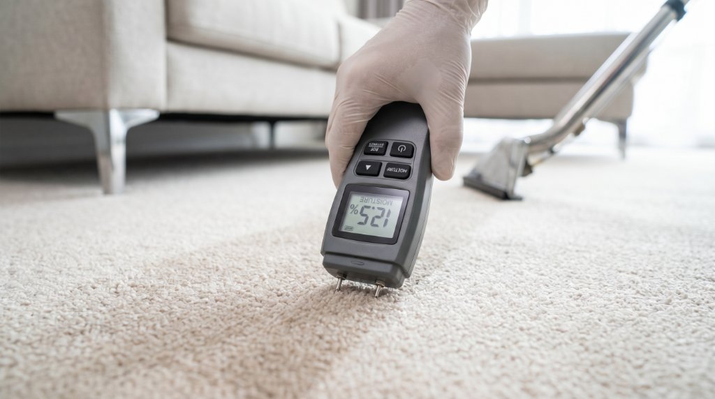 Professional carpet inspection with moisture meter