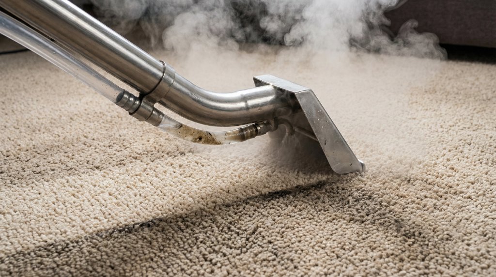 Professional hot water extraction carpet cleaning wand producing steam