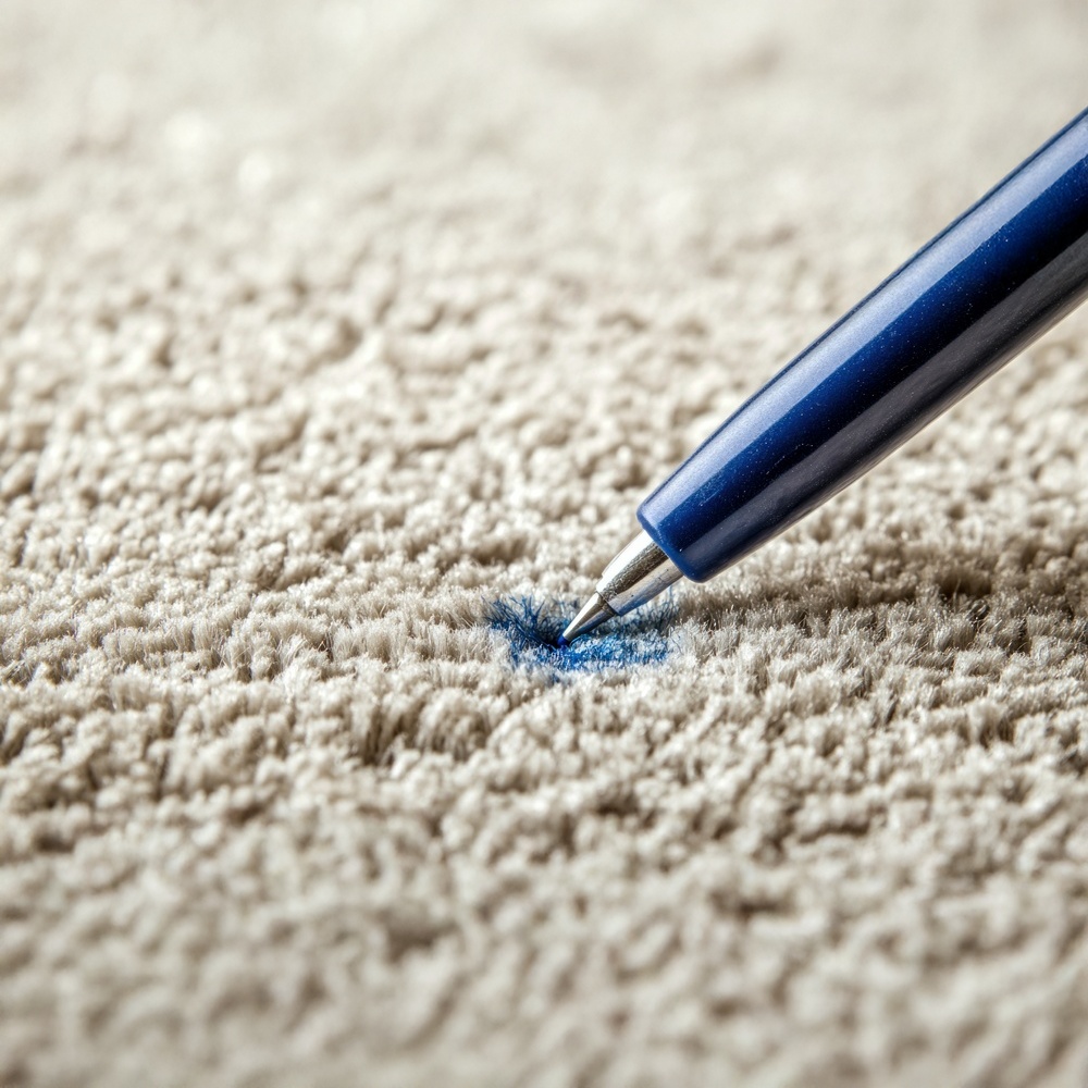 Blue ink stain on carpet with dry solvent spotter treatment