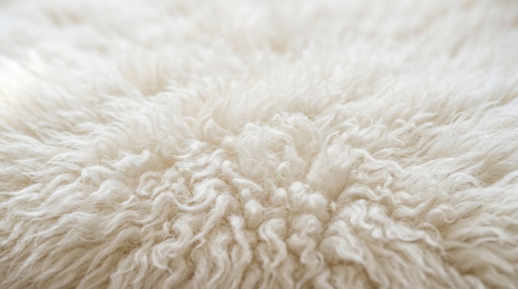 Close-up of white wool carpet fibers